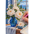 White Peony Blue Vase Diamond Painting Kit diamond placement process