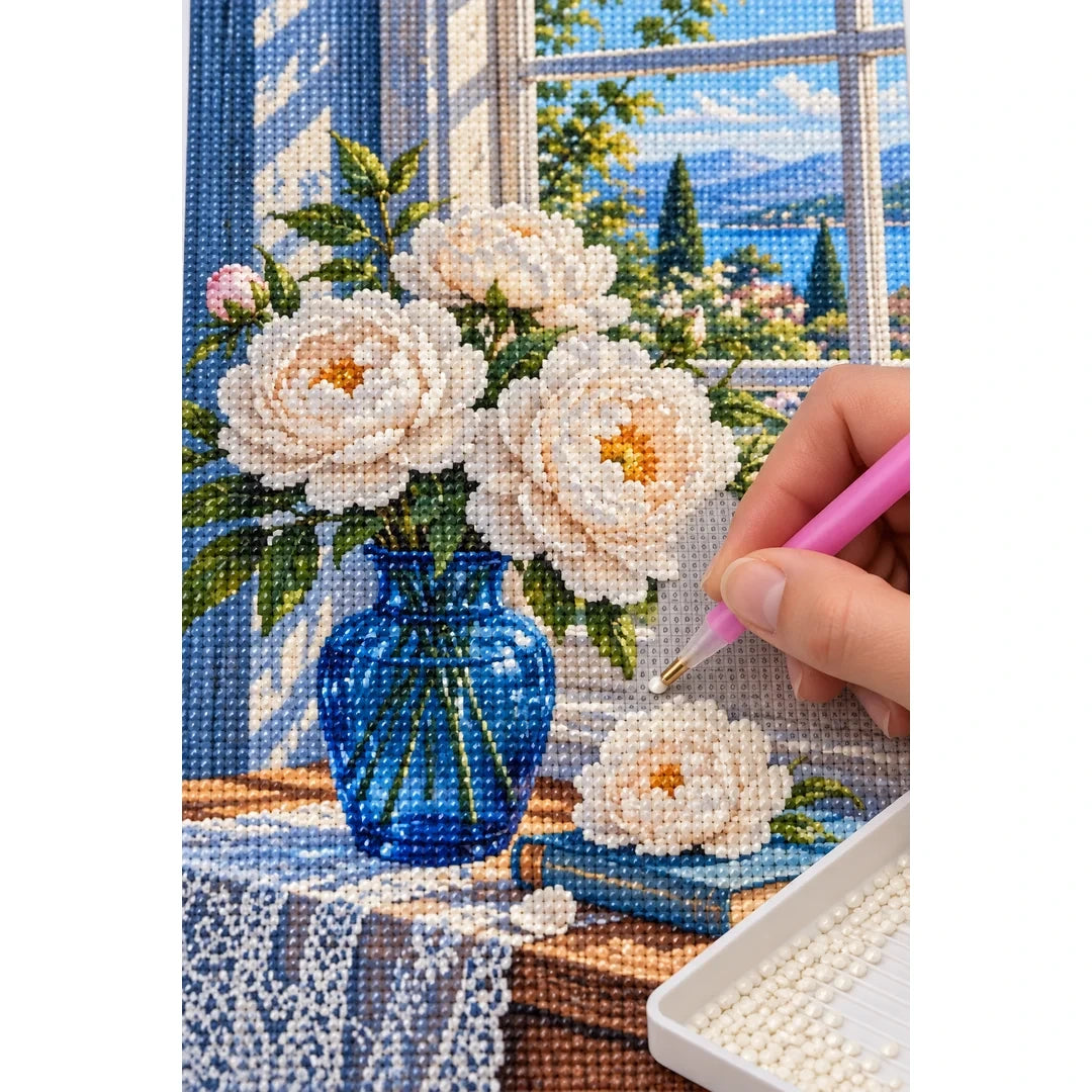 White Peony Blue Vase Diamond Painting Kit diamond placement process
