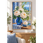 White Peony Blue Vase Diamond Painting Kit home decor scene