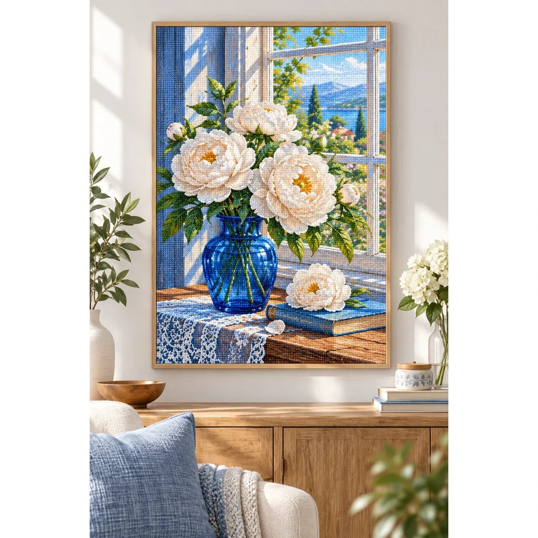 White Peony Blue Vase Diamond Painting Kit home decor scene