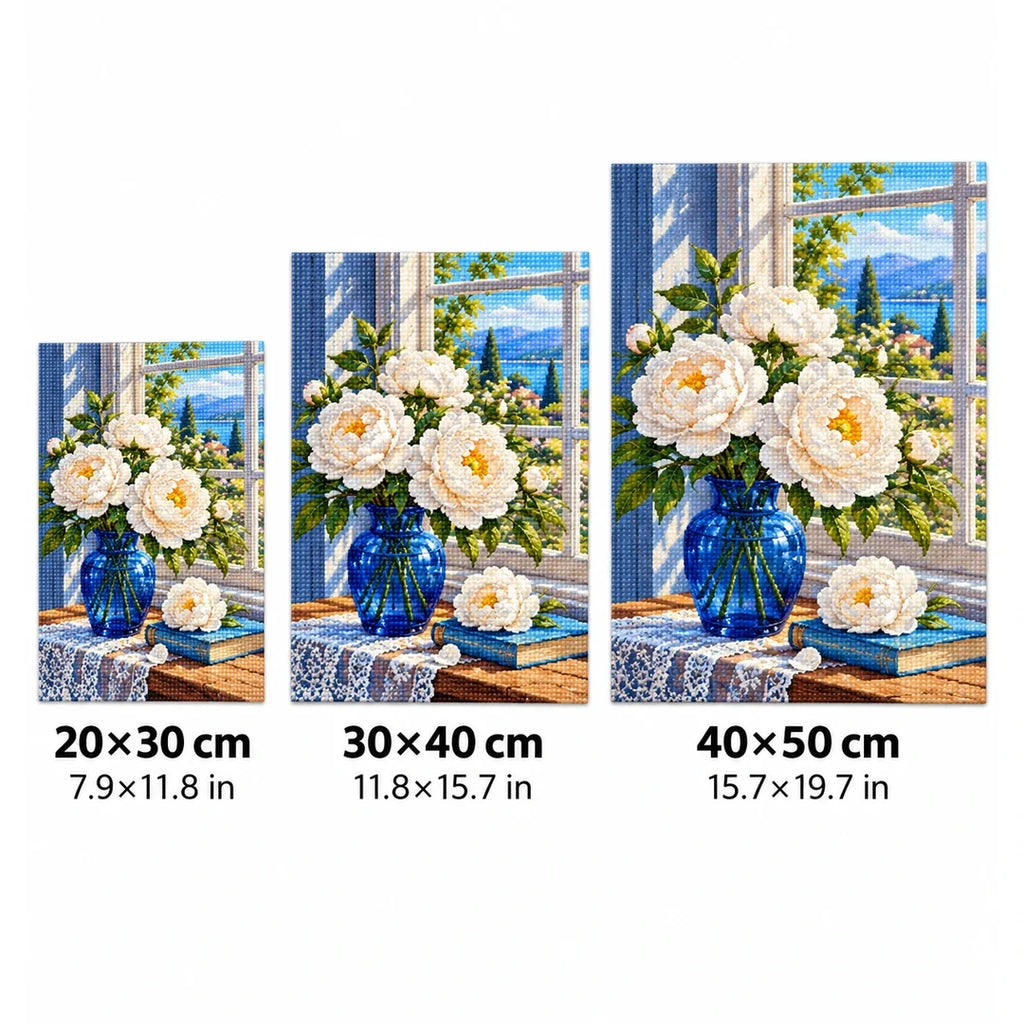 White Peony Blue Vase Diamond Painting Kit size guide