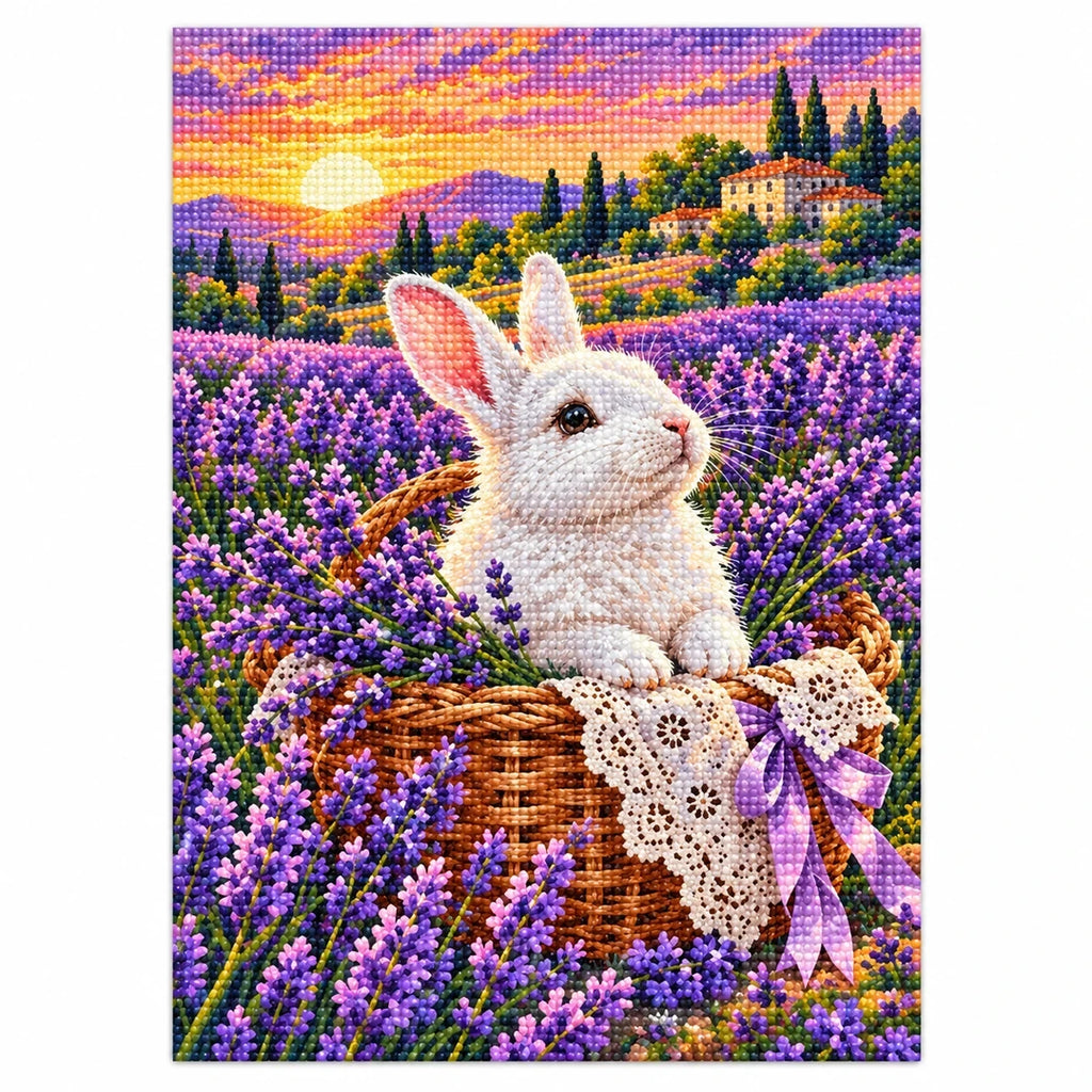White Rabbit Lavender Basket Diamond Painting Kit — finished diamond painting on white background