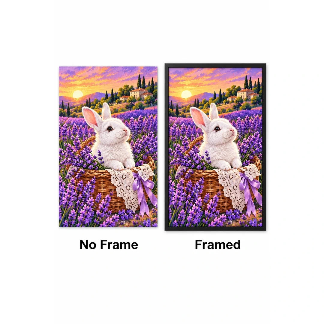 White Rabbit Lavender Basket Diamond Painting Kit — No Frame and Framed style comparison