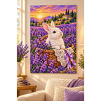 White Rabbit Lavender Basket Diamond Painting Kit — finished diamond painting in a home setting