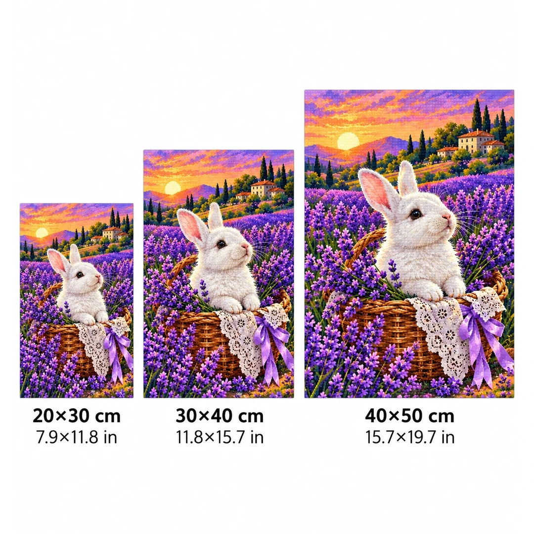 White Rabbit Lavender Basket Diamond Painting Kit — 20 by 30, 30 by 40, and 40 by 50 centimeter size guide