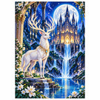 White Stag Moonlit Castle Diamond Painting Kit finished diamond artwork on white background