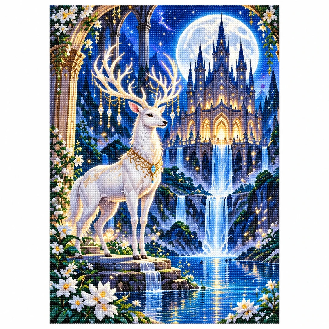 White Stag Moonlit Castle Diamond Painting Kit finished diamond artwork on white background