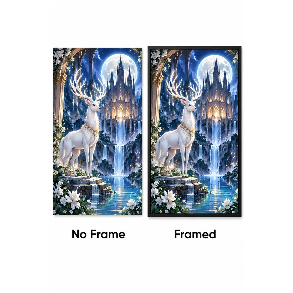 White Stag Moonlit Castle Diamond Painting Kit No Frame and Framed comparison