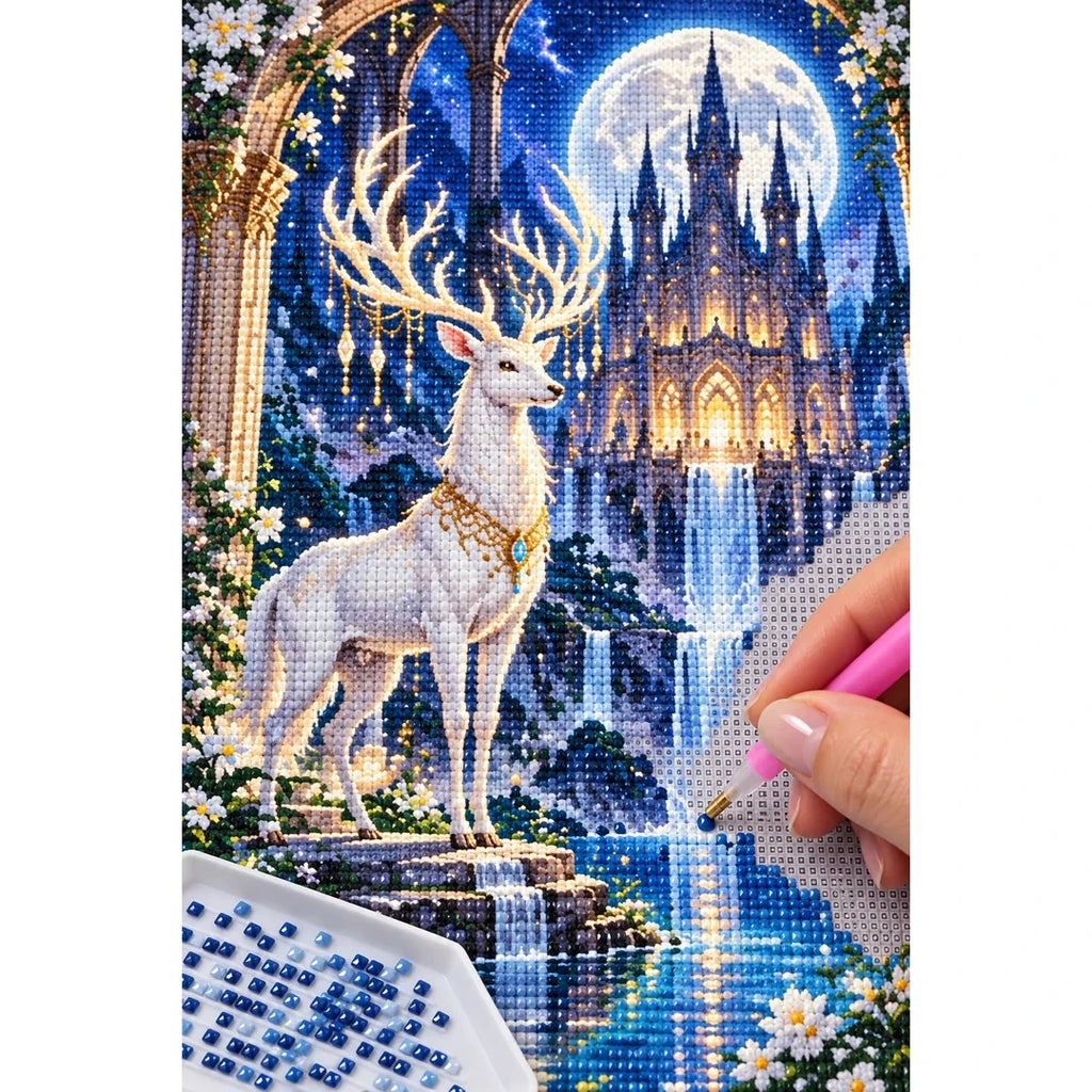 White Stag Moonlit Castle Diamond Painting Kit diamond placement process