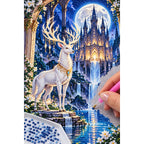 White Stag Moonlit Castle Diamond Painting Kit diamond placement process