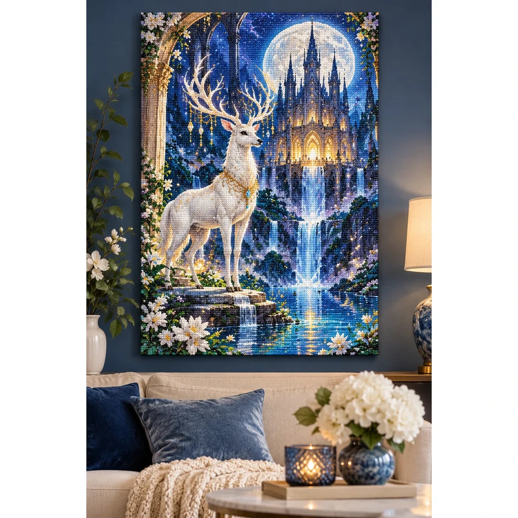 White Stag Moonlit Castle Diamond Painting Kit home decor scene