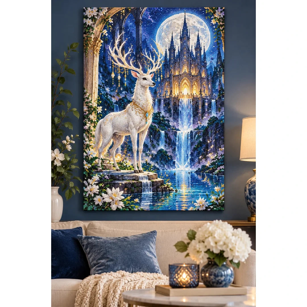 White Stag Moonlit Castle Diamond Painting Kit home decor scene