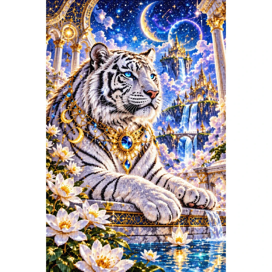 White Tiger Celestial Temple finished diamond painting on white