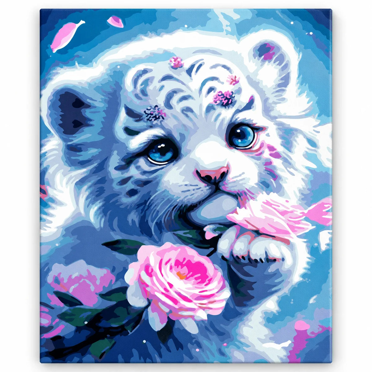 White Tiger Cub with Pink Rose paint by numbers artwork on a front-facing canvas against a white background