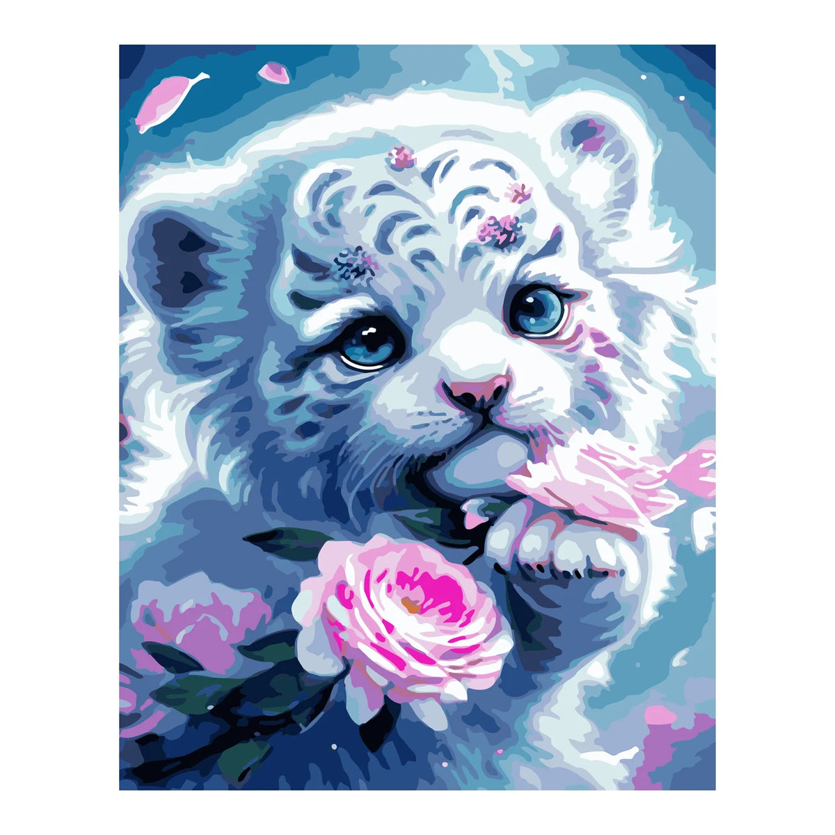 White Tiger Cub with Pink Rose completed artwork on a clean white background