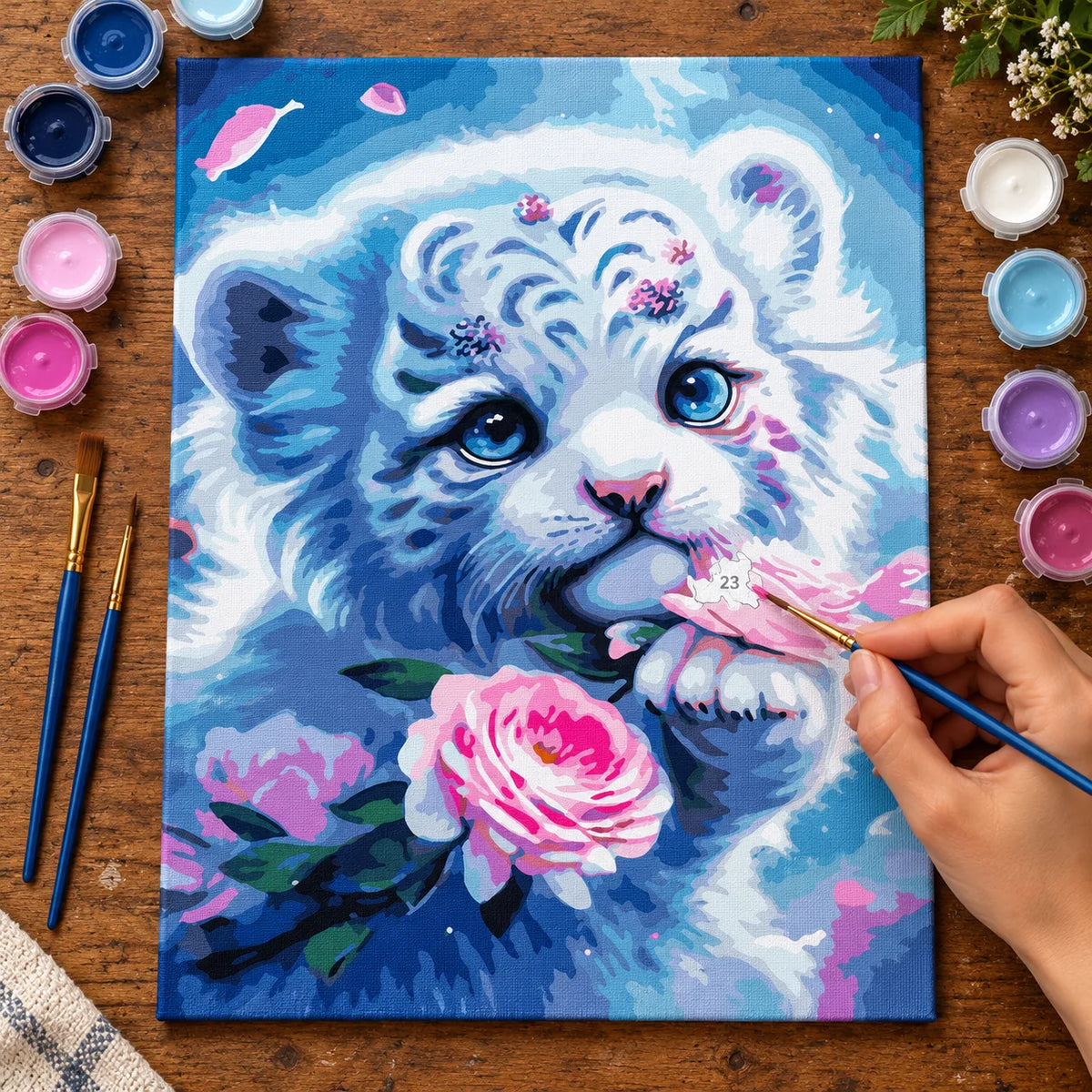 Complete White Tiger Cub with Pink Rose numbered canvas being painted with acrylic paints and brushes