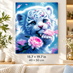 White Tiger Cub with Pink Rose shown in a styled room with 15.7 × 19.7 in and 40 × 50 cm dimensions
