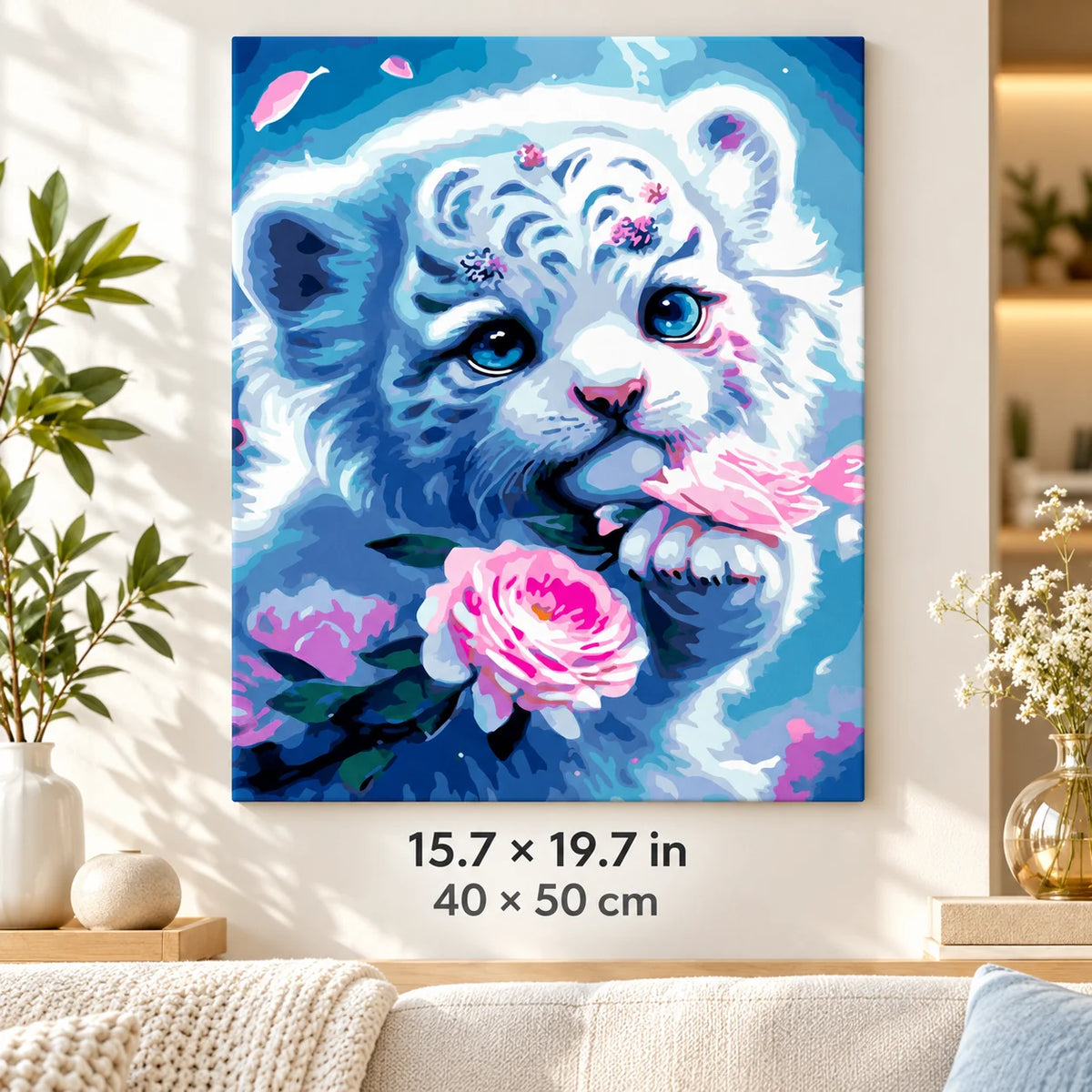 White Tiger Cub with Pink Rose shown in a styled room with 15.7 × 19.7 in and 40 × 50 cm dimensions