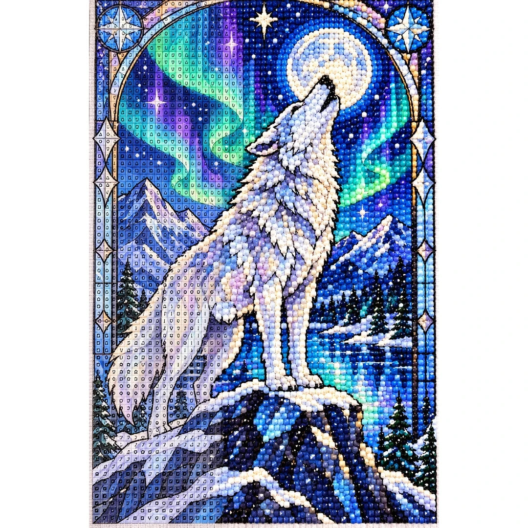 White Wolf Aurora Moon Diamond Painting Kit — canvas and drill material detail