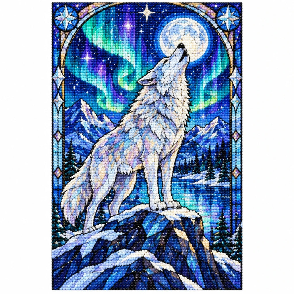 White Wolf Aurora Moon Diamond Painting Kit — finished diamond painting on white background