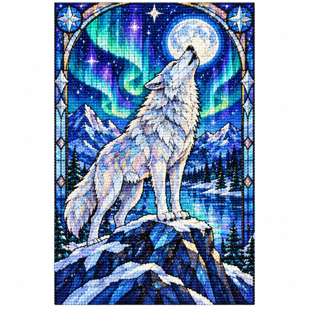 White Wolf Aurora Moon Diamond Painting Kit — finished diamond painting on white background