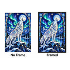 White Wolf Aurora Moon Diamond Painting Kit — No Frame and Framed style comparison