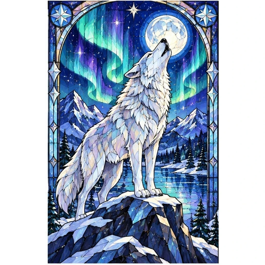 White Wolf Aurora Moon Diamond Painting Kit — original white-background artwork