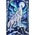 White Wolf Aurora Moon Diamond Painting Kit — original white-background artwork