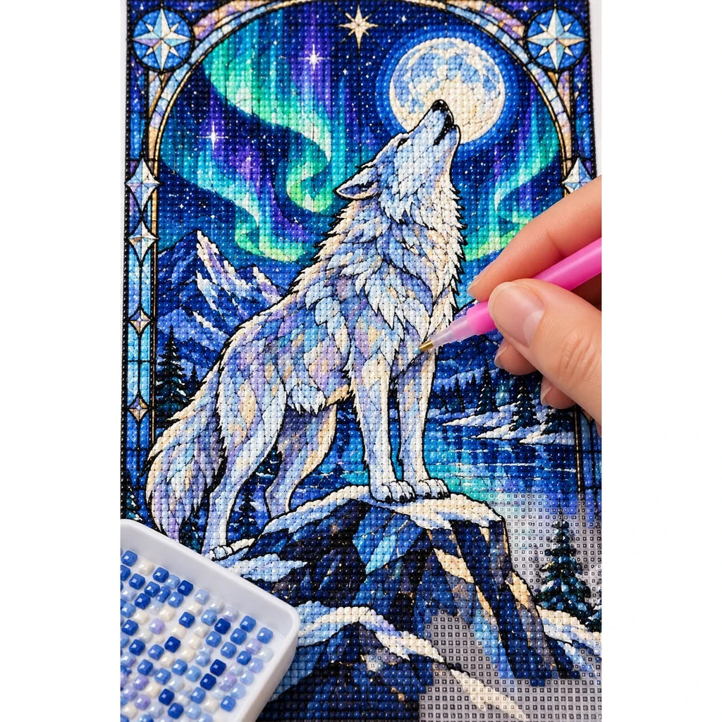 White Wolf Aurora Moon Diamond Painting Kit — diamond painting application process