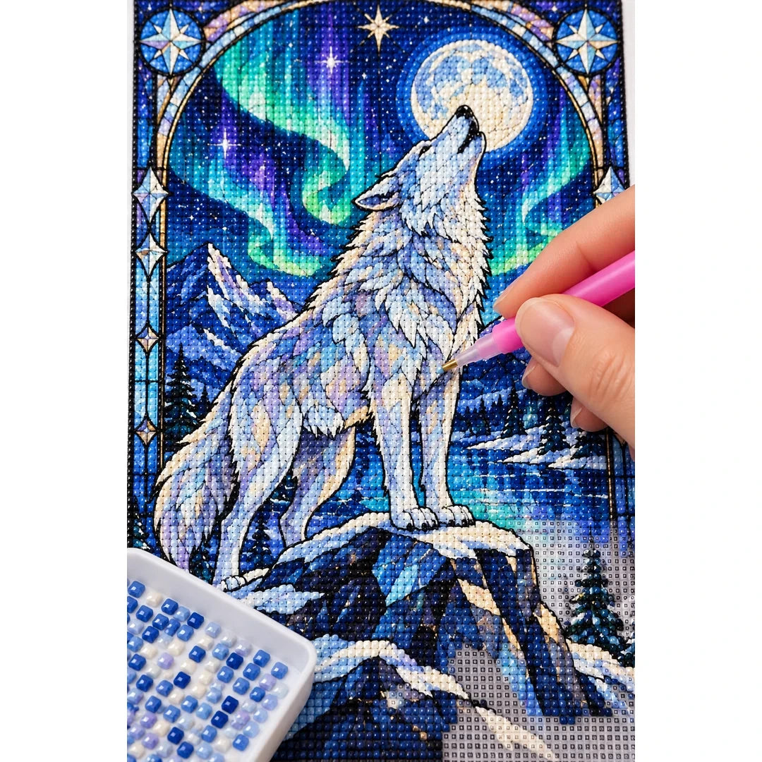 White Wolf Aurora Moon Diamond Painting Kit — diamond painting application process