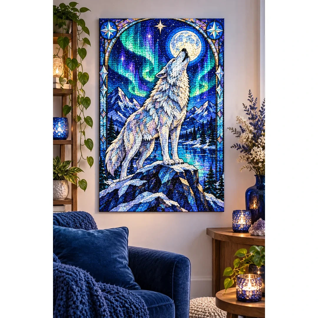 White Wolf Aurora Moon Diamond Painting Kit — finished diamond painting in a home setting