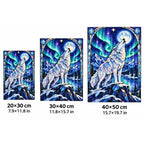 White Wolf Aurora Moon Diamond Painting Kit — 20 by 30, 30 by 40, and 40 by 50 centimeter size guide
