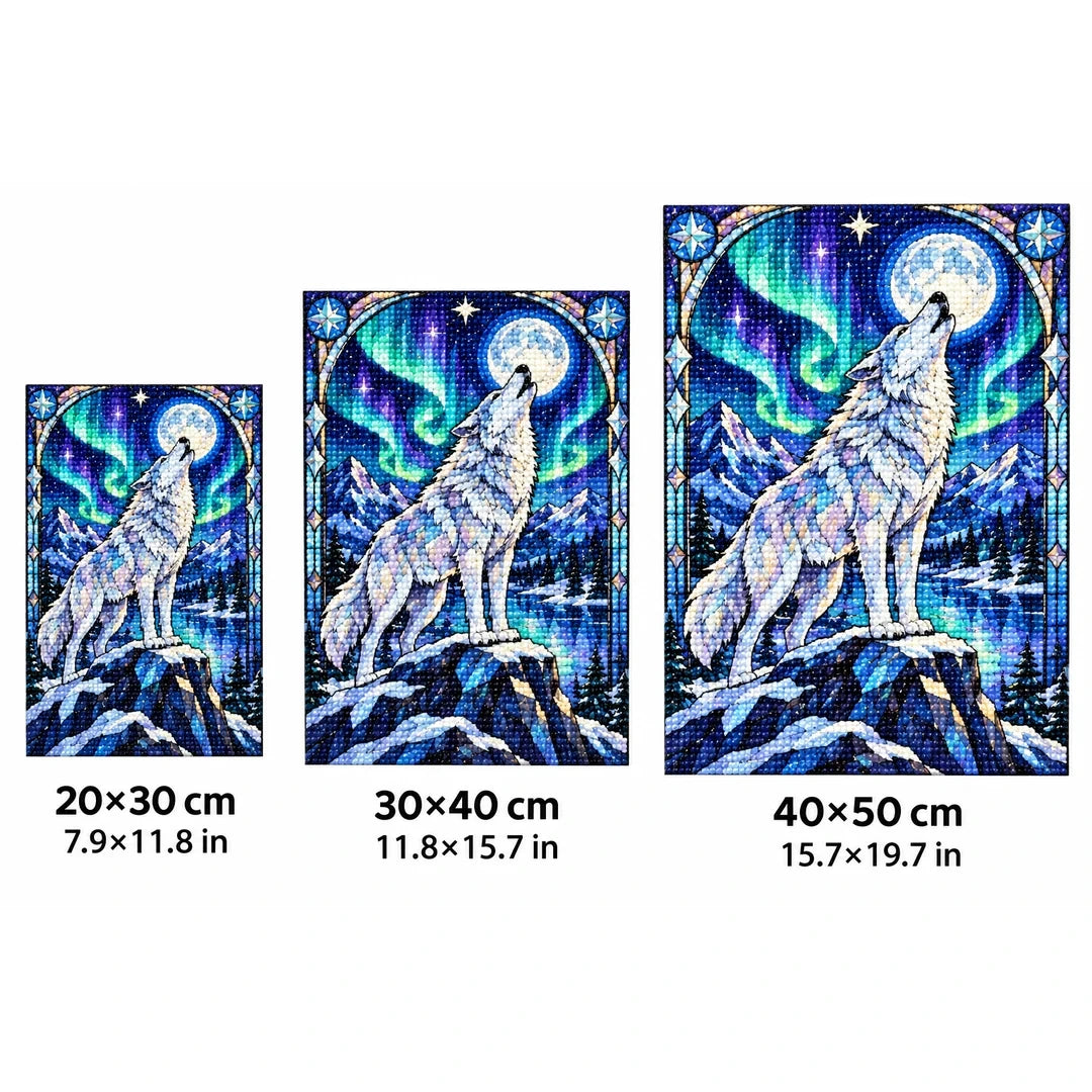White Wolf Aurora Moon Diamond Painting Kit — 20 by 30, 30 by 40, and 40 by 50 centimeter size guide