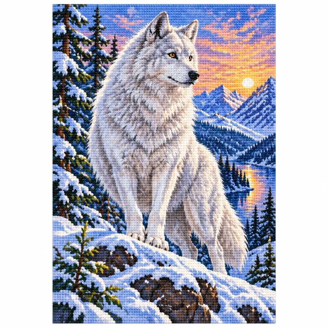 White Wolf Mountain Sunset Diamond Painting Kit finished diamond artwork on white background