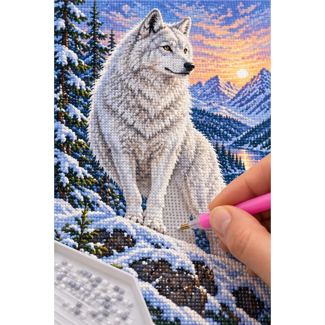 White Wolf Mountain Sunset Diamond Painting Kit diamond placement process