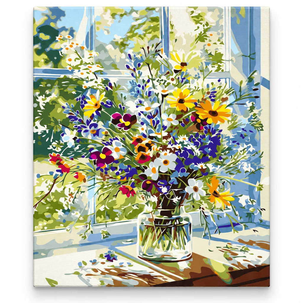 Wildflower Bouquet by a Sunlit Window paint by numbers artwork on a front-facing canvas against a white background