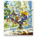 Wildflower Bouquet by a Sunlit Window paint by numbers artwork on a front-facing canvas against a white background