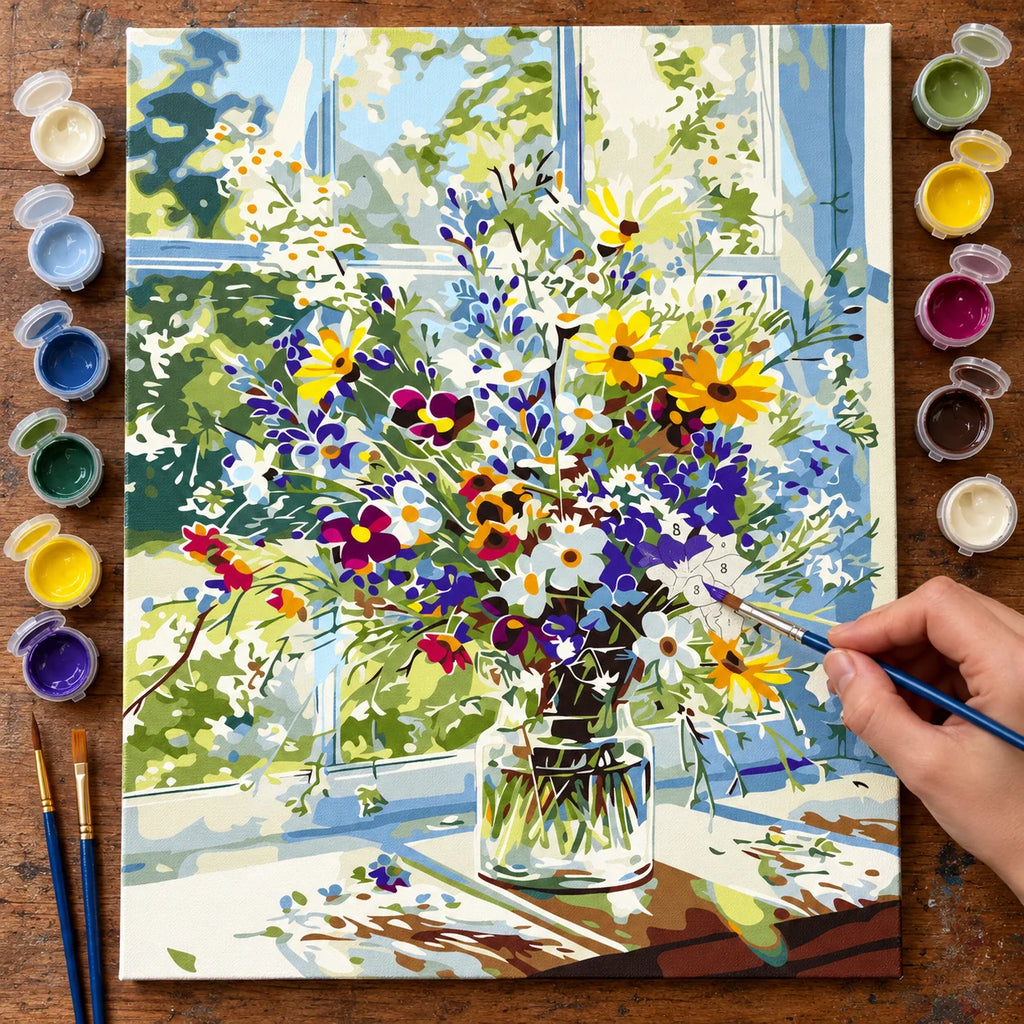 Complete Wildflower Bouquet by a Sunlit Window numbered canvas being painted with acrylic paints and brushes