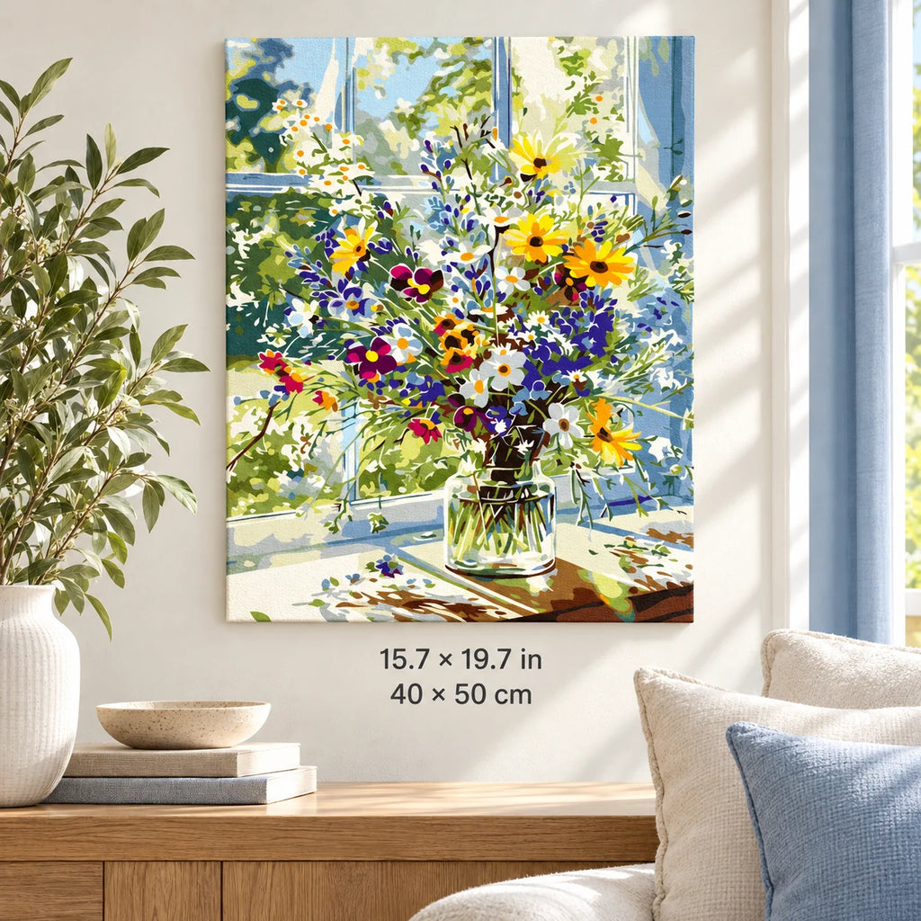 Wildflower Bouquet by a Sunlit Window shown in a styled room with 15.7 × 19.7 in and 40 × 50 cm dimensions