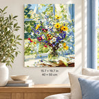 Wildflower Bouquet by a Sunlit Window shown in a styled room with 15.7 × 19.7 in and 40 × 50 cm dimensions