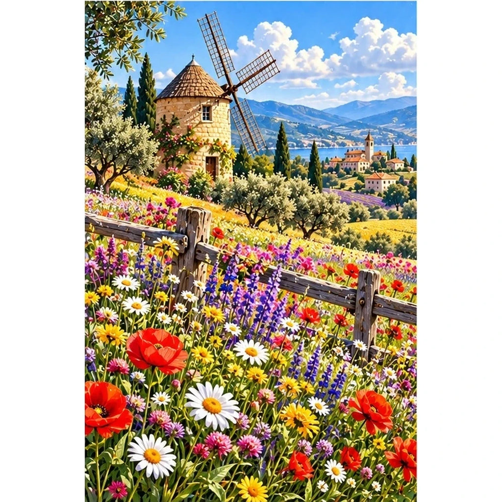 Wildflower Meadow Old Windmill — original artwork on a clean white background