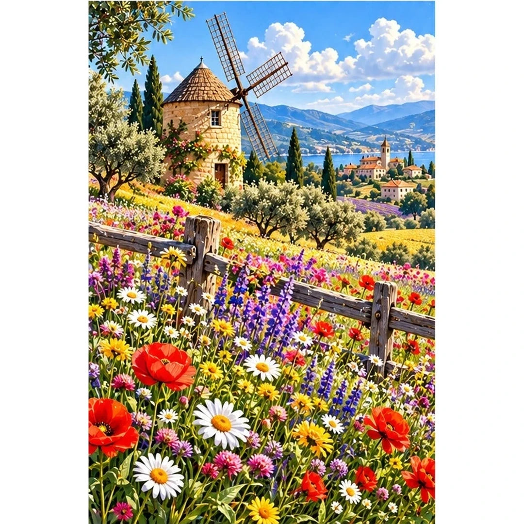 Wildflower Meadow Old Windmill — original artwork on a clean white background