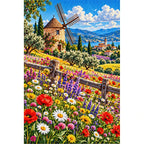 Wildflower Meadow Old Windmill — finished diamond painting on a white background