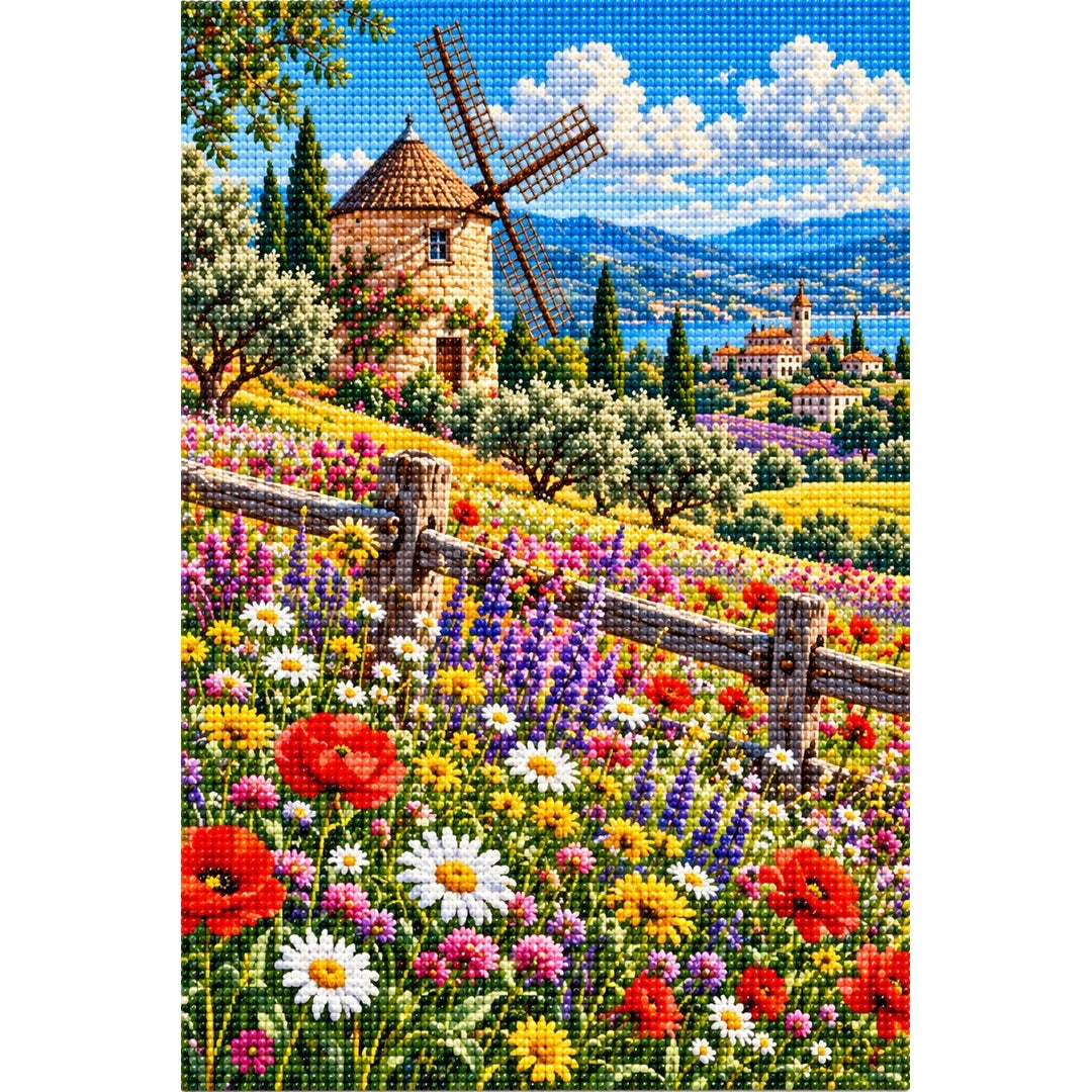 Wildflower Meadow Old Windmill — finished diamond painting on a white background