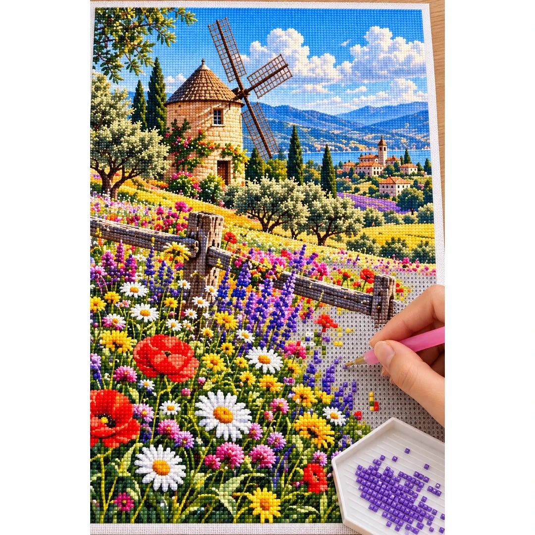 Wildflower Meadow Old Windmill — diamond painting process with applicator pen