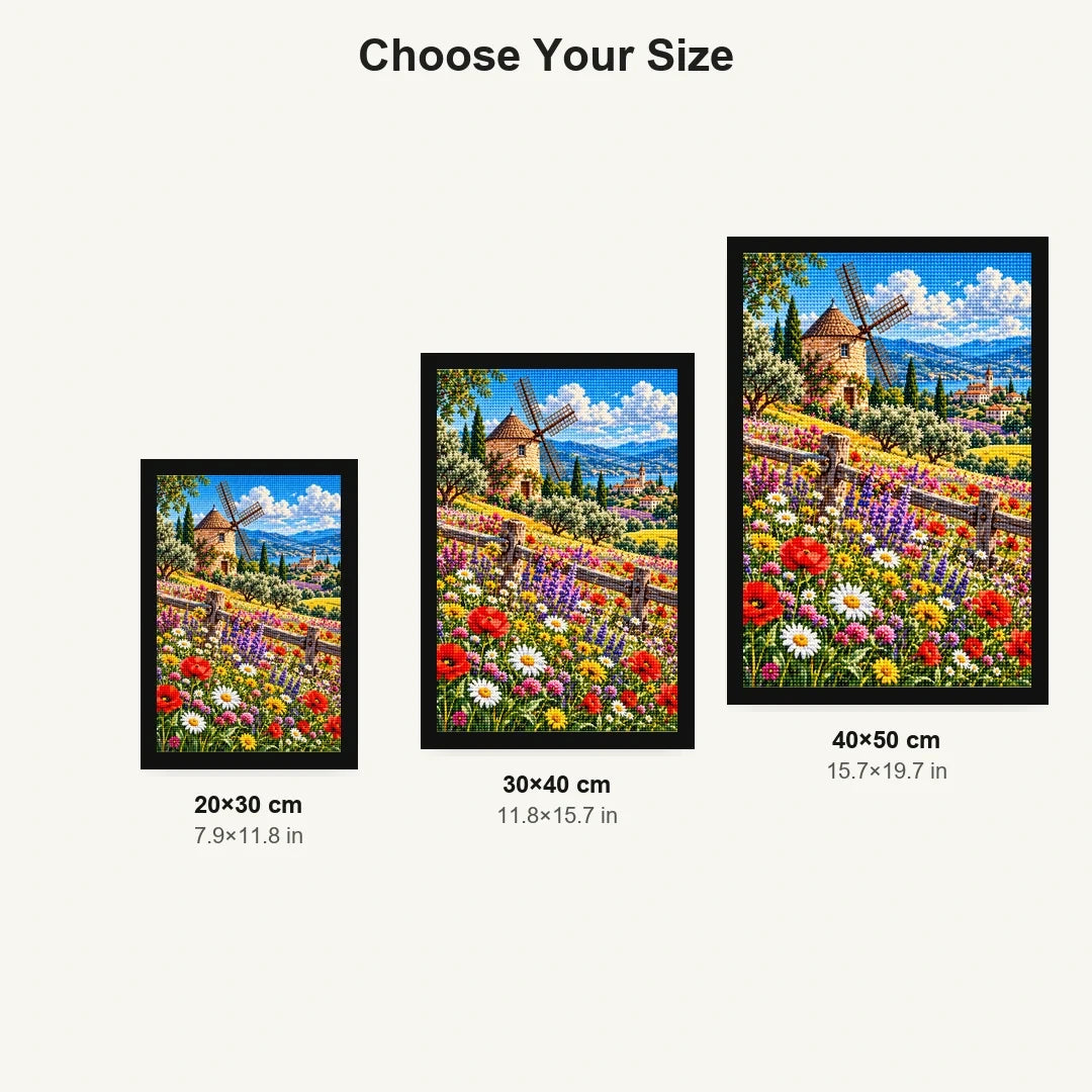 Wildflower Meadow Old Windmill — size comparison for 20 × 30, 30 × 40 and 40 × 50 cm
