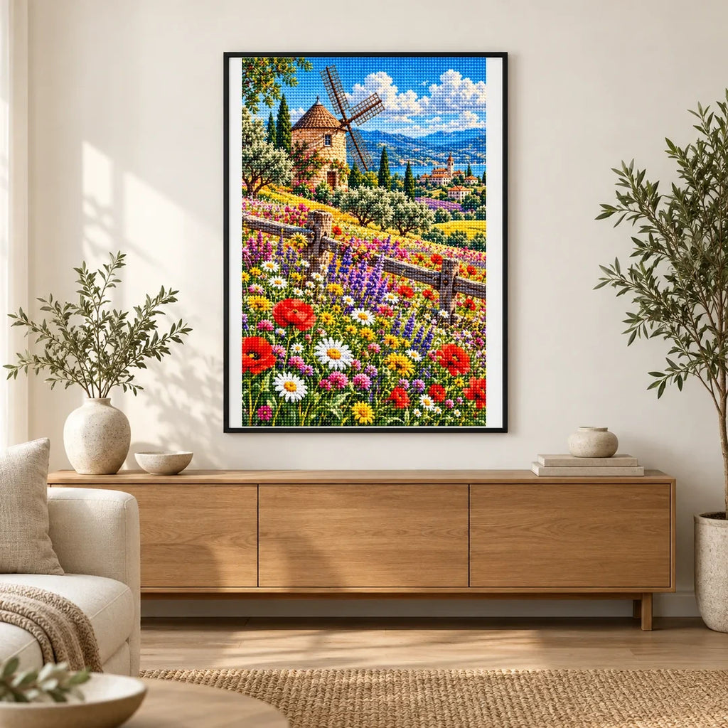 Wildflower Meadow Old Windmill — finished diamond painting displayed in a home interior