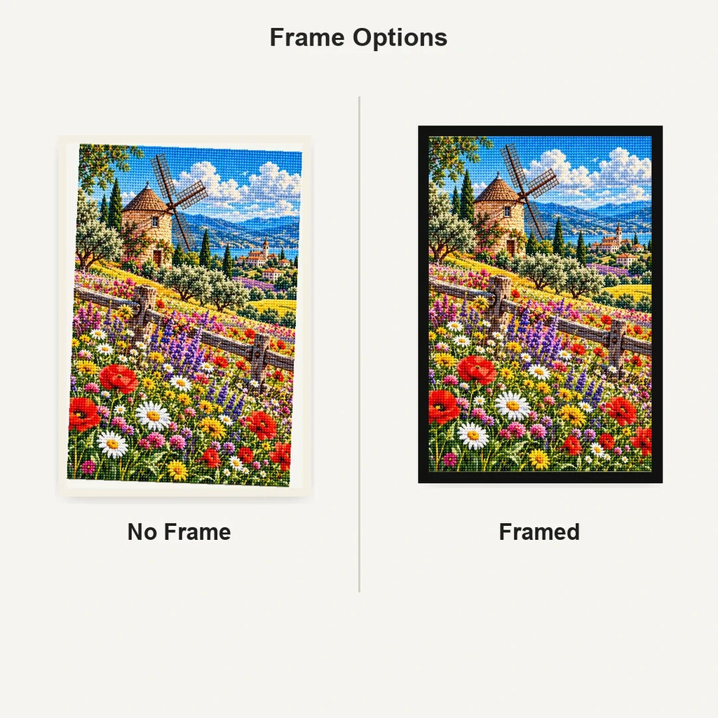 Wildflower Meadow Old Windmill — No Frame and Framed style comparison