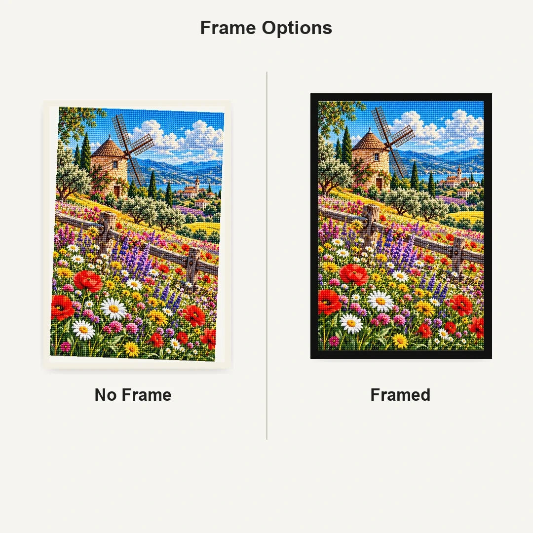 Wildflower Meadow Old Windmill — No Frame and Framed style comparison