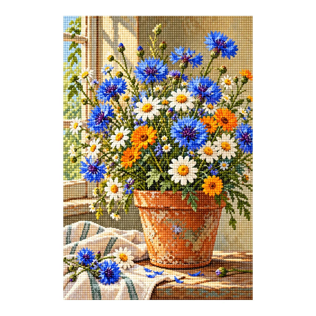 Colorful wildflowers growing in a terracotta pot: finished diamond painting on a white background